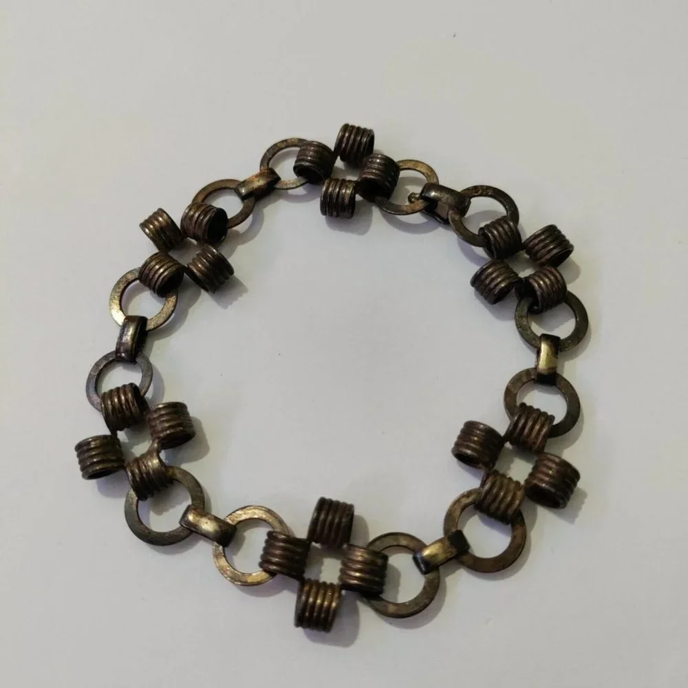 Vintage 925 Sterling Silver Chunky Linked Rings Bracelet Modernist Wire Wrapped
